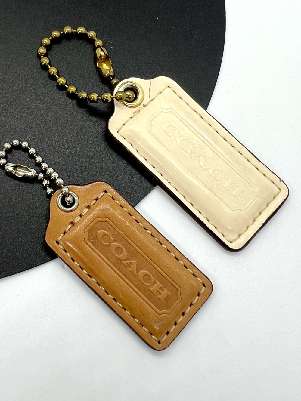 Vintage Coach Leather Hangtag Set of 2 Bone & British Tan Bag Charms Key Fobs